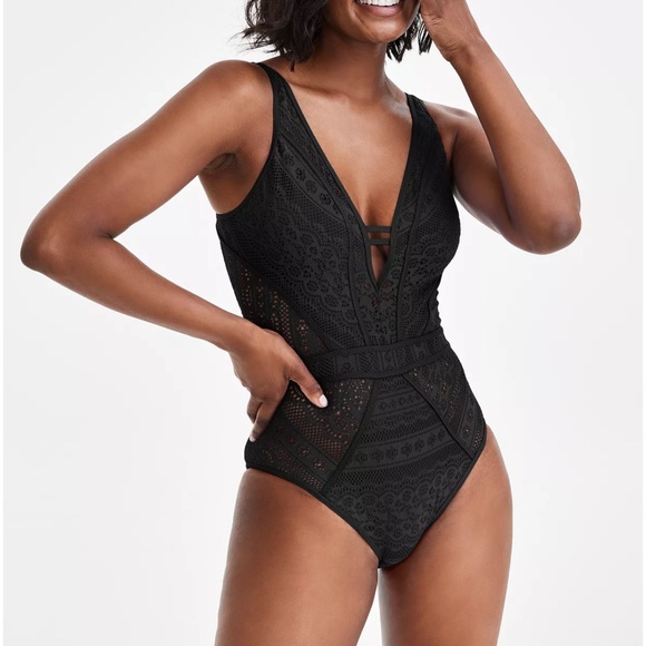 Becca Women's Crochet Plunging One-Piece Keyhole Swimsuit Size Small Black Sexy - Picture 5 of 16